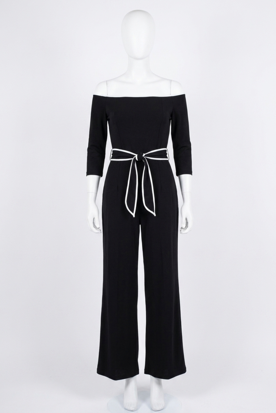 NEW JOSEPH RIBKOFF contrast trim off-shoulder wide leg jumpsuit in black/off-whi
